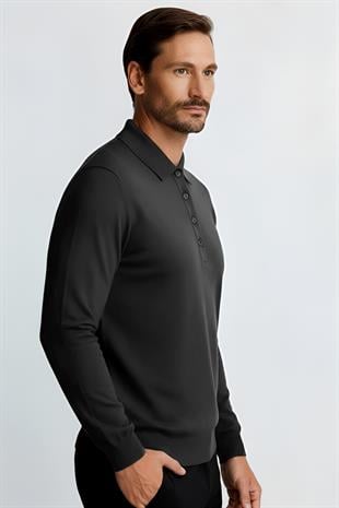Antrasit Standart Fit Dar Kalıp Polo Yaka Düz Uzun Kollu Triko
