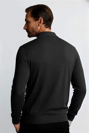 Antrasit Standart Fit Dar Kalıp Polo Yaka Düz Uzun Kollu Triko