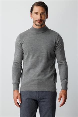 Antrasit Standart Fit Dar Kalıp Yarım Balıkçı Düz Uzun Kollu  Triko