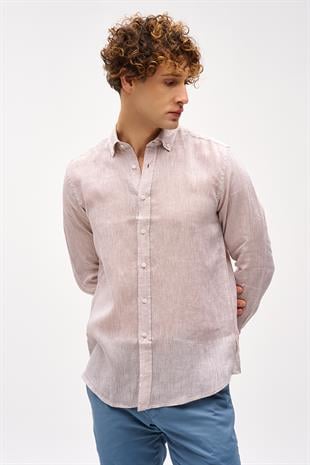 Bej  Dynamic Fit Düğmeli Yaka Düz Uzun Kollu Cepsiz %100 Keten Gömlek