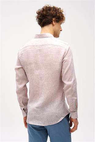 Bej  Dynamic Fit Düğmeli Yaka Düz Uzun Kollu Cepsiz %100 Keten Gömlek