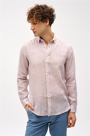 Bej  Dynamic Fit Düğmeli Yaka Düz Uzun Kollu Cepsiz %100 Keten Gömlek