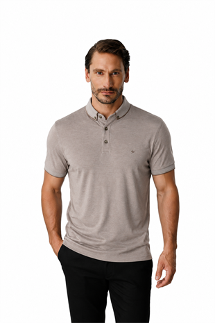 Bej Slim Fit Dar Kalıp Düğmeli Polo Yaka Düz Kısa Kollu Pamuklu Tişört