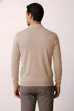 Bej Standart Fit Dar Kalıp Polo Yaka Düz Uzun Kollu  Triko