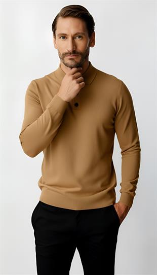 Bej Standart Fit Dar Kalıp Polo Yaka Düz Uzun Kollu  Triko