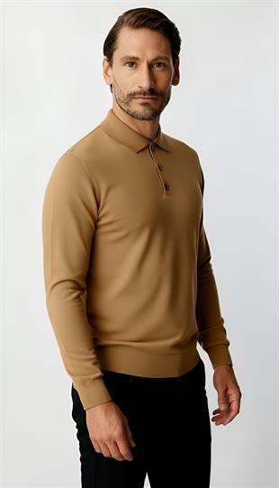 Bej Standart Fit Dar Kalıp Polo Yaka Düz Uzun Kollu  Triko