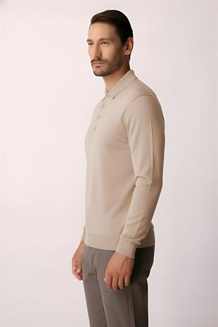 Bej Standart Fit Dar Kalıp Polo Yaka Düz Uzun Kollu  Triko