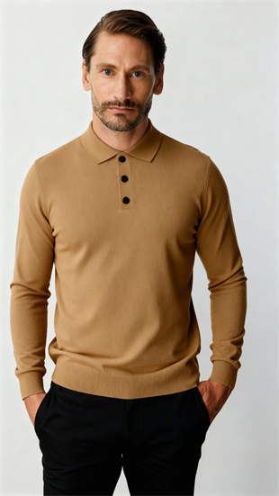 Bej Standart Fit Dar Kalıp Polo Yaka Düz Uzun Kollu  Triko