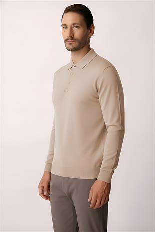 Bej Standart Fit Dar Kalıp Polo Yaka Düz Uzun Kollu  Triko