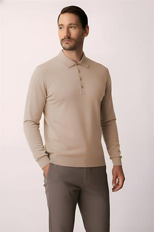 Bej Standart Fit Dar Kalıp Polo Yaka Düz Uzun Kollu  Triko