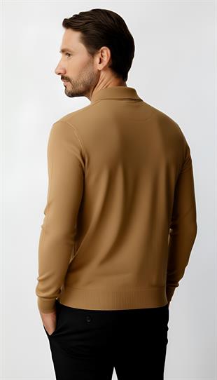 Bej Standart Fit Dar Kalıp Polo Yaka Düz Uzun Kollu  Triko