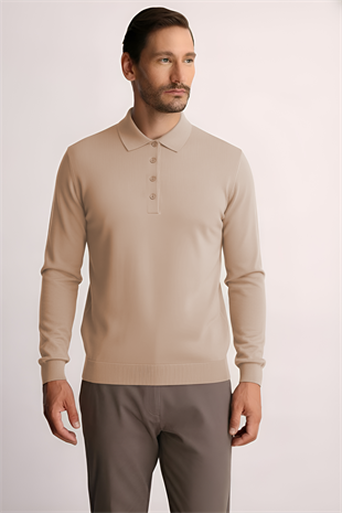 Bej Standart Fit Dar Kalıp Polo Yaka Düz Uzun Kollu  Triko