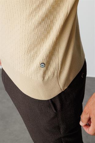 Bej Standart Fit Dar Kalıp Yarım Balıkçı Düz Uzun Kollu  Triko