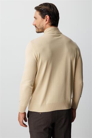 Bej Standart Fit Dar Kalıp Yarım Balıkçı Düz Uzun Kollu  Triko