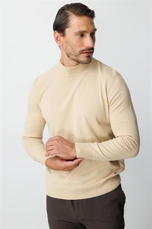 Bej Standart Fit Dar Kalıp Yarım Balıkçı Düz Uzun Kollu  Triko