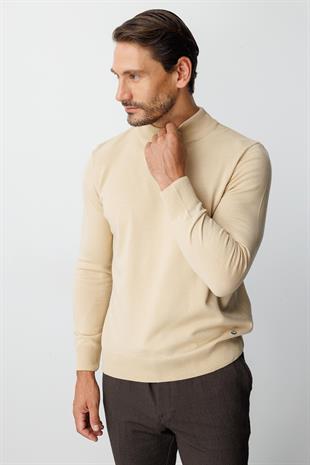 Bej Standart Fit Dar Kalıp Yarım Balıkçı Düz Uzun Kollu  Triko