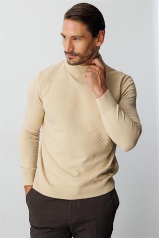 Bej Standart Fit Dar Kalıp Yarım Balıkçı Düz Uzun Kollu  Triko