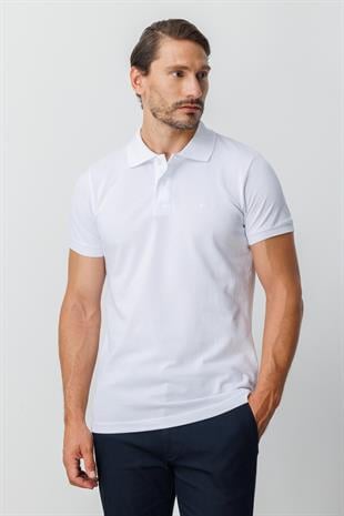 Beyaz Modern Fit Dar Kalıp Polo Yaka Düz Kısa Kollu  %100 Pamuk Tişört