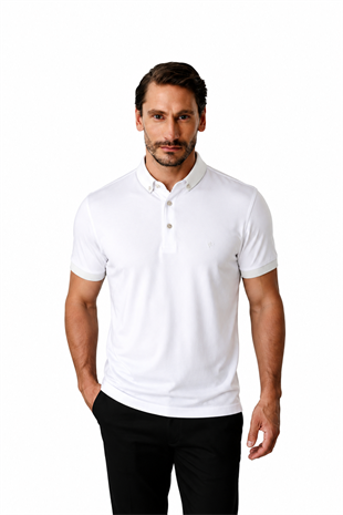 Beyaz Slim Fit Dar Kalıp Düğmeli Polo Yaka Düz Kısa Kollu Pamuklu Tişört
