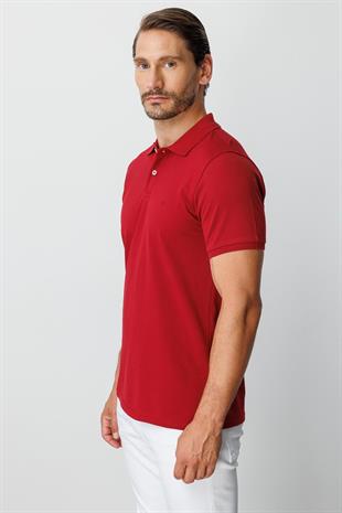 Bordo Modern Fit Dar Kalıp Polo Yaka Düz Kısa Kollu  %100 Pamuk Tişört