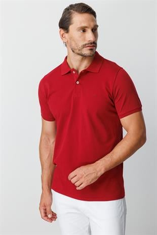 Bordo Modern Fit Dar Kalıp Polo Yaka Düz Kısa Kollu  %100 Pamuk Tişört