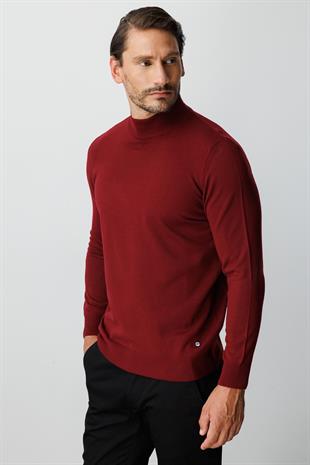 Bordo Standart Fit Dar Kalıp Yarım Balıkçı Düz Uzun Kollu  Triko