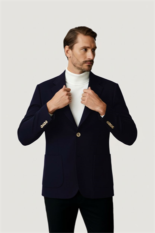 Lacivert Mono Yaka Slim Fit Dar Kalıp Erkek Ceket