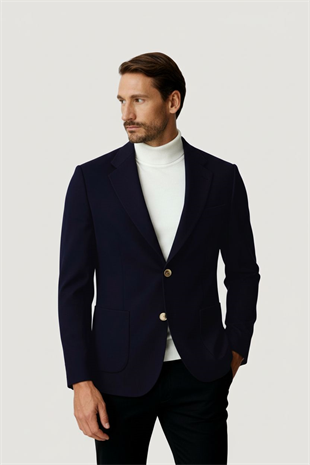 Lacivert Mono Yaka Slim Fit Dar Kalıp Erkek Ceket