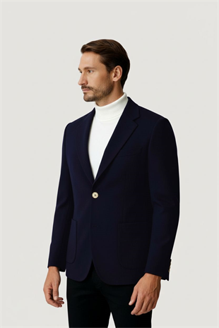 Lacivert Mono Yaka Slim Fit Dar Kalıp Erkek Ceket