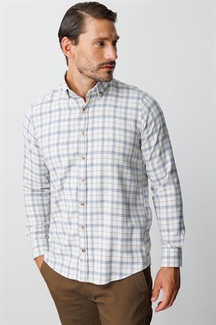 Ekru Dynamic Fit  Düğmeli Yaka  Ekose Uzun Kollu Pamuklu Gömlek