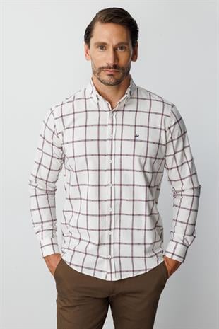 Ekru Dynamic Fit  Düğmeli Yaka  Ekose Uzun Kollu Pamuklu Gömlek