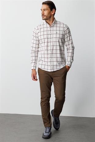 Ekru Dynamic Fit  Düğmeli Yaka  Ekose Uzun Kollu Pamuklu Gömlek