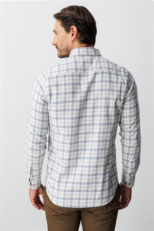 Ekru Dynamic Fit  Düğmeli Yaka  Ekose Uzun Kollu Pamuklu Gömlek