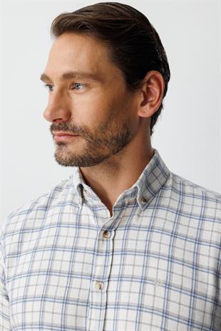 Ekru Dynamic Fit  Düğmeli Yaka  Ekose Uzun Kollu Pamuklu Gömlek