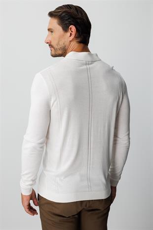 Ekru Standart Fit  Polo Yaka  Düz Uzun Kollu  Triko