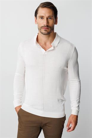 Ekru Standart Fit  Polo Yaka  Düz Uzun Kollu  Triko