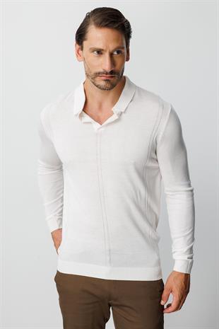 Ekru Standart Fit  Polo Yaka  Düz Uzun Kollu  Triko