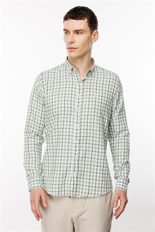 Açık Yeşil Dynamic Fit  Düğmeli Yaka Ekose Uzun Kollu Cepsiz Pamuklu Gömlek