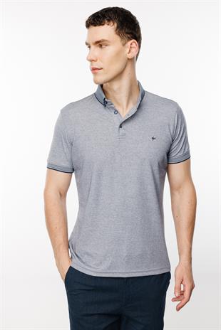 Açık Lacivert Standart Fit Dar Kalıp Düğmeli Polo Yaka Düz Kısa Kollu Pamuklu Tişört