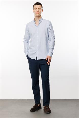 Açık Mavi Dynamic Fit  Düğmeli Yaka Düz Uzun Kollu Cepsiz %100 Pamuk Gömlek