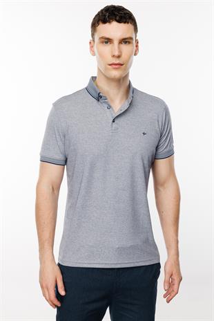 Açık Lacivert Standart Fit Dar Kalıp Düğmeli Polo Yaka Düz Kısa Kollu Pamuklu Tişört