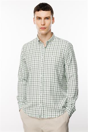 Açık Yeşil Dynamic Fit  Düğmeli Yaka Ekose Uzun Kollu Cepsiz Pamuklu Gömlek