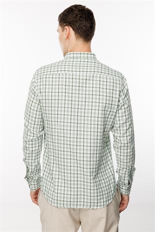 Açık Yeşil Dynamic Fit  Düğmeli Yaka Ekose Uzun Kollu Cepsiz Pamuklu Gömlek