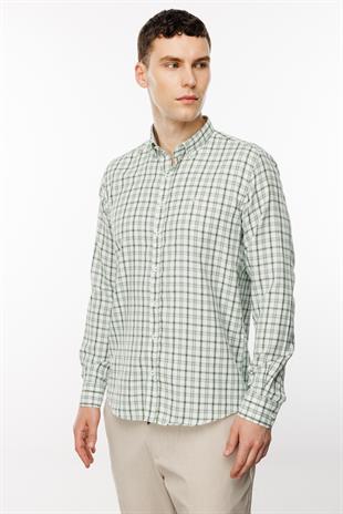 Açık Yeşil Dynamic Fit  Düğmeli Yaka Ekose Uzun Kollu Cepsiz Pamuklu Gömlek