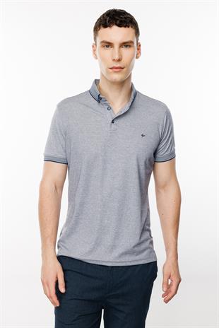 Açık Lacivert Standart Fit Dar Kalıp Düğmeli Polo Yaka Düz Kısa Kollu Pamuklu Tişört