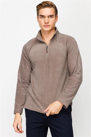 Erkek Açık Kahve  Yarım Fermuar Polar