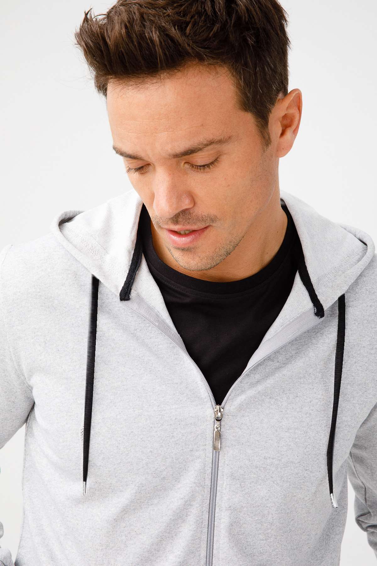 Erkek A.Gri Modernfit / Ekstra Dar Kalıp Kapşonlu Fermuarlı Sweatshirt