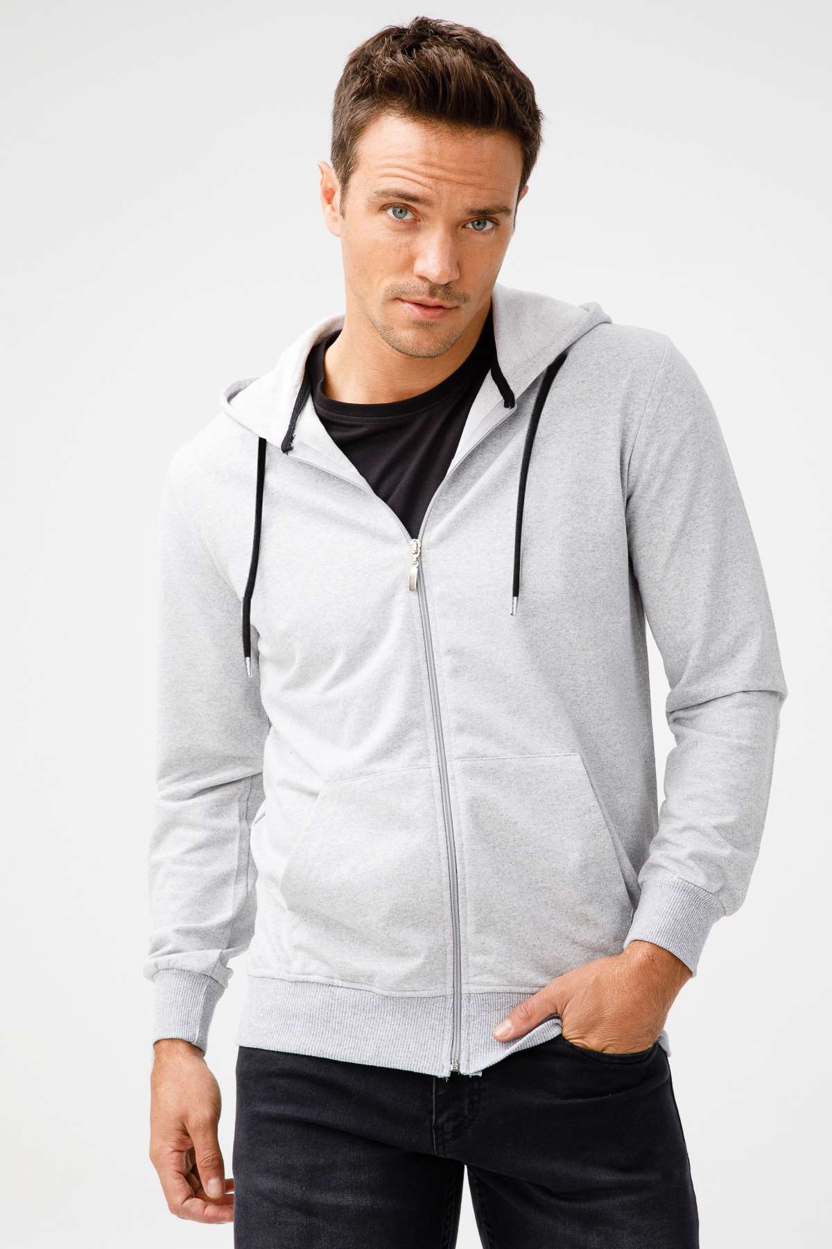 Erkek A.Gri Modernfit / Ekstra Dar Kalıp Kapşonlu Fermuarlı Sweatshirt