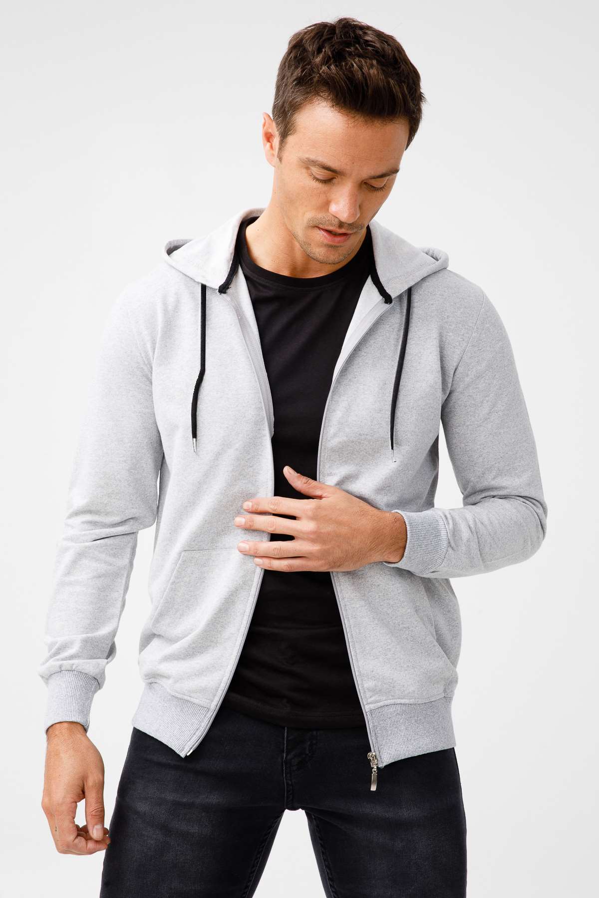 Erkek A.Gri Modernfit / Ekstra Dar Kalıp Kapşonlu Fermuarlı Sweatshirt