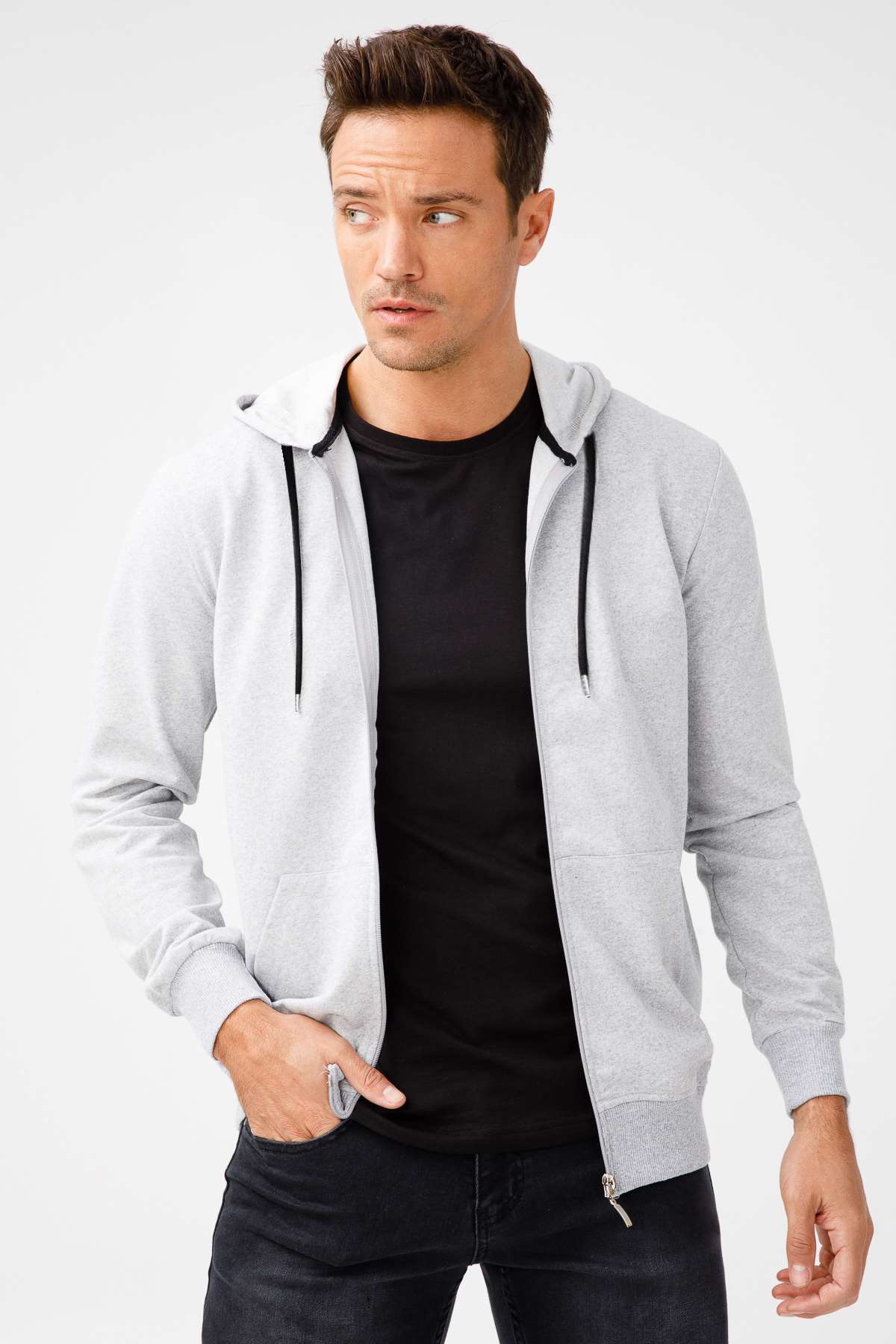 Erkek A.Gri Modernfit / Ekstra Dar Kalıp Kapşonlu Fermuarlı Sweatshirt